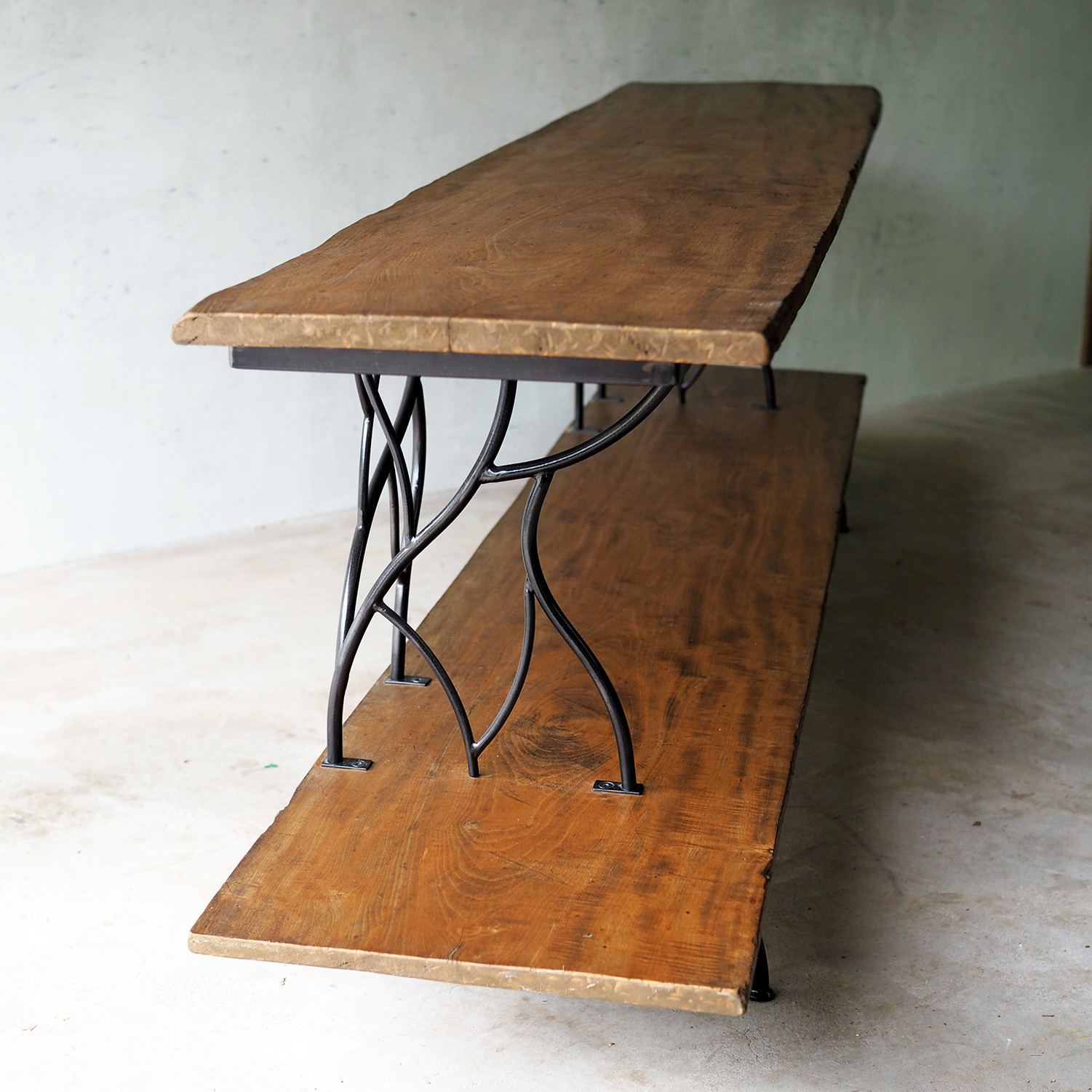 送料込【一点もの・無垢古材】国産栃の木×鉄のTVボード｜アイアン脚・200cmローボード｜古材家具