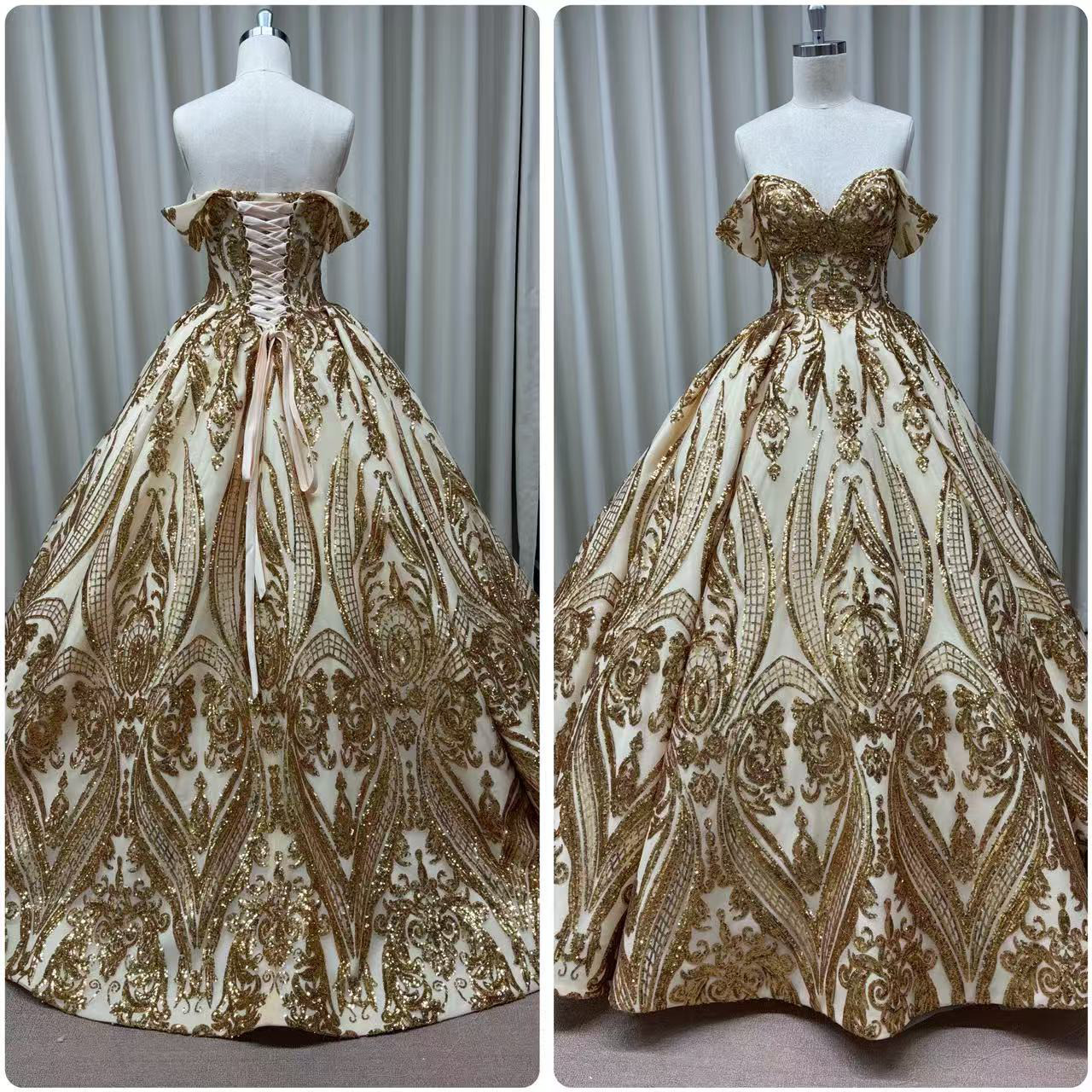 豪華クラシカル｜ゴールド刺繍・レースアップ・プリンセスラインドレス