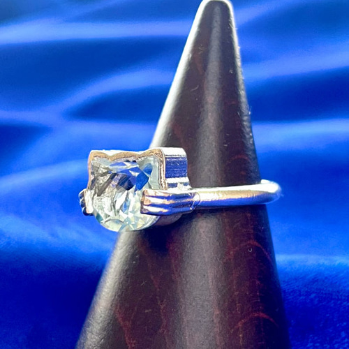 【5〜17号】猫ちゃんリング/ブルートパーズ ねこ守りシリーズ】猫の匠枠リング/猫カット ブルートパーズ