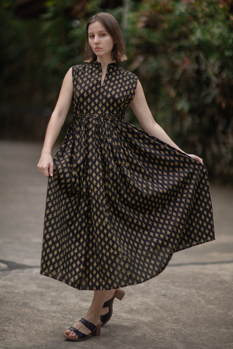 ギャザーワンピース(ボイルコットン/ブロックプリント)