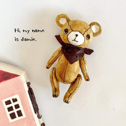 身長５cmのミニチュアテディベア／キャメル(和紙で作った小さなくまのお人形)＆夢のドールハウスセット 4枚目の画像