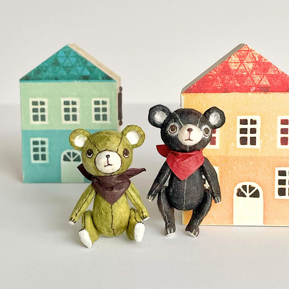 身長５cmのミニチュアテディベア／キャメル(和紙で作った小さなくまのお人形)＆夢のドールハウスセット 11枚目の画像