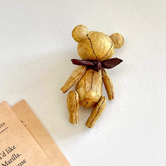 身長５cmのミニチュアテディベア／キャメル(和紙で作った小さなくまのお人形)＆夢のドールハウスセット 6枚目の画像