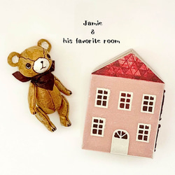 身長５cmのミニチュアテディベア／キャメル(和紙で作った小さなくまのお人形)＆夢のドールハウスセット 1枚目の画像