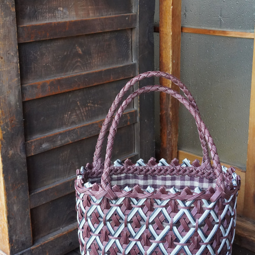 蓋＆裏地つき手編みクラフトバンドバッグ かごバッグ Mieko Kano