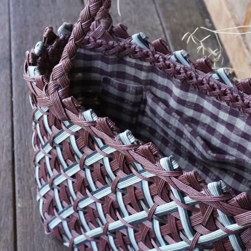 蓋＆裏地つき手編みクラフトバンドバッグ かごバッグ Mieko Kano