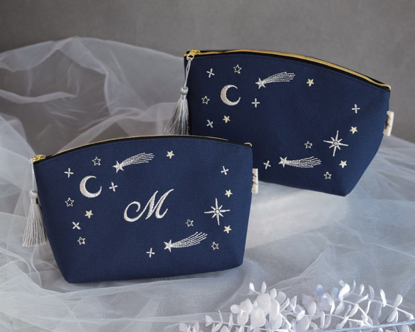 【選べるイニシャル】星空の刺繍ポーチ & 十二星座の刺繍ハンカチのセット【名入れ可】リネン ワッフル プレゼント 9枚目の画像
