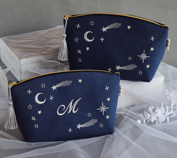 【選べるイニシャル】星空の刺繍ポーチ & 十二星座の刺繍ハーフハンカチのセット【名入れ可】今治タオル コットン ギフト 11枚目の画像