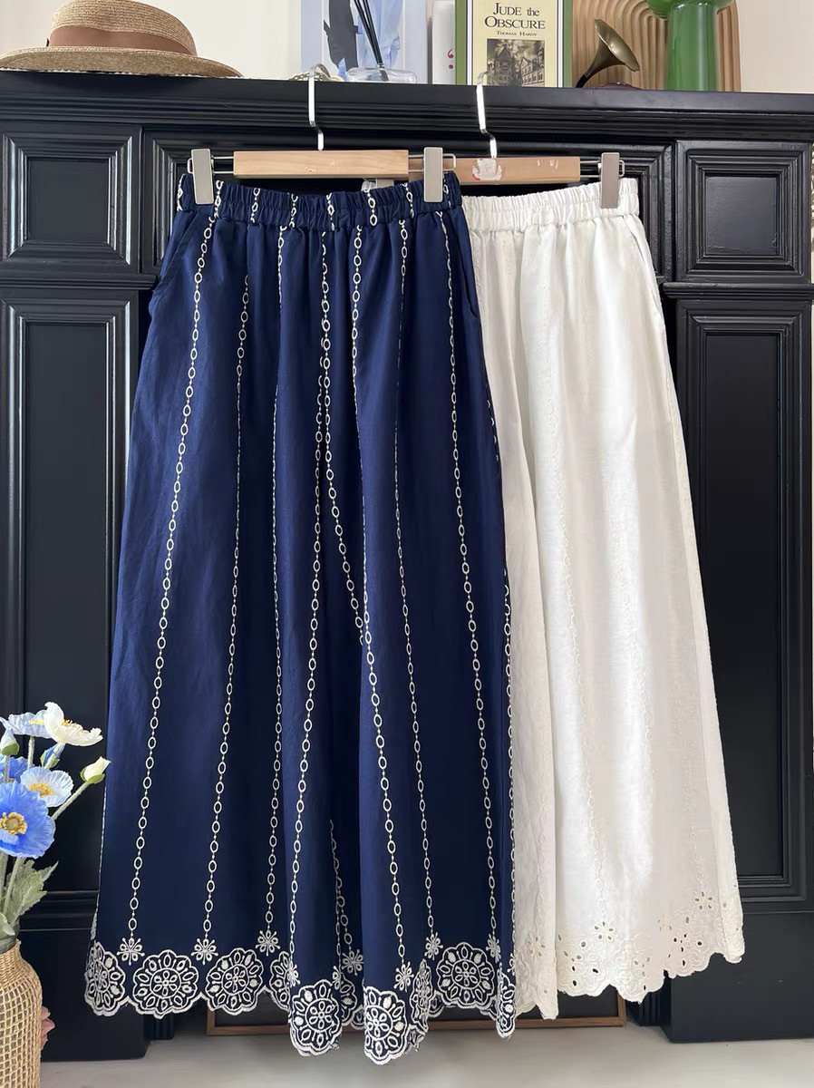 夏、ワイドパンツ、ボトムス、綿麻、刺繡