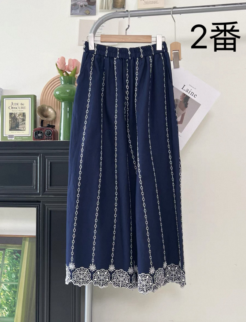 夏、ワイドパンツ、ボトムス、綿麻、刺繡