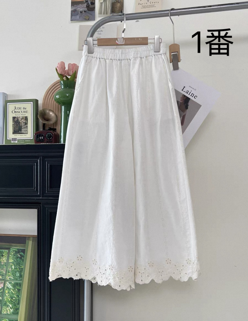 夏、ワイドパンツ、ボトムス、綿麻、刺繡