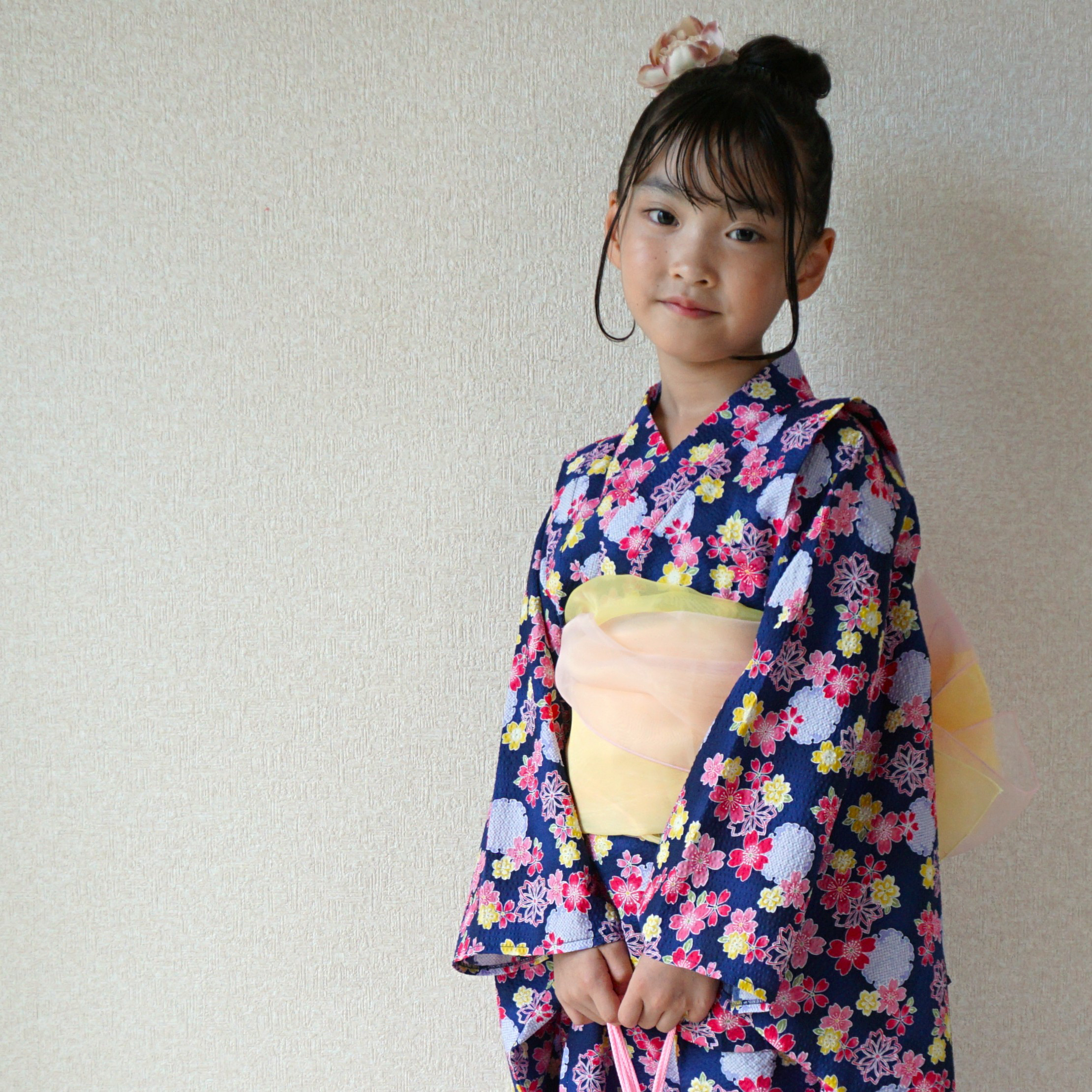 [新作]　2way浴衣3点セット　紺の花柄