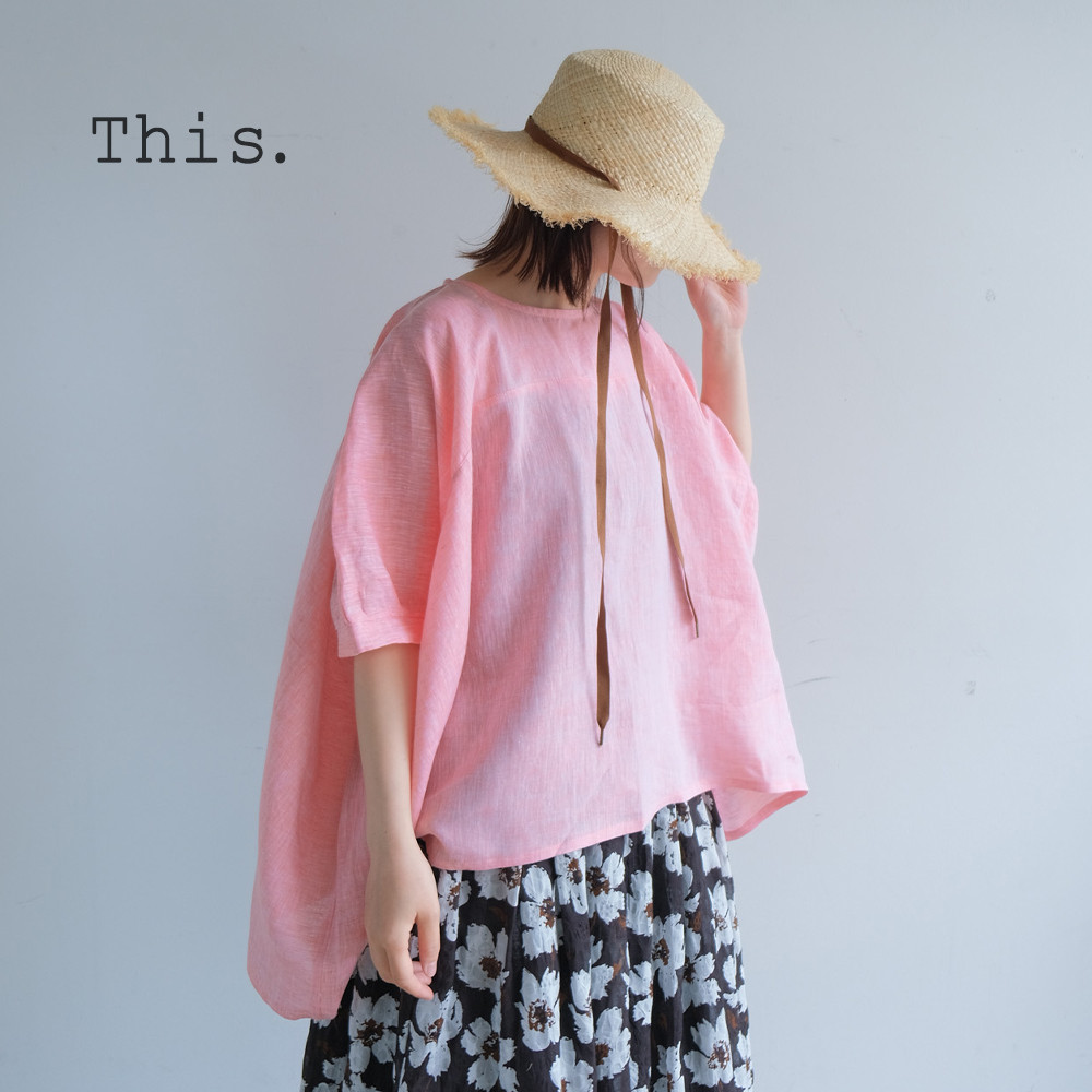 冷感｜二の腕カバー＆ゆったりシルエット｜リネン100％ブラウス｜ピンク｜T0183