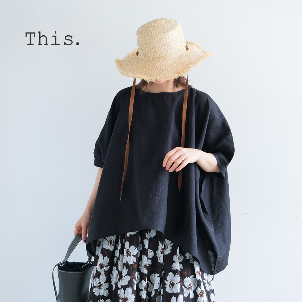 冷感｜二の腕カバー＆ゆったりシルエット｜リネン100％ブラウス｜ブラック｜T0183