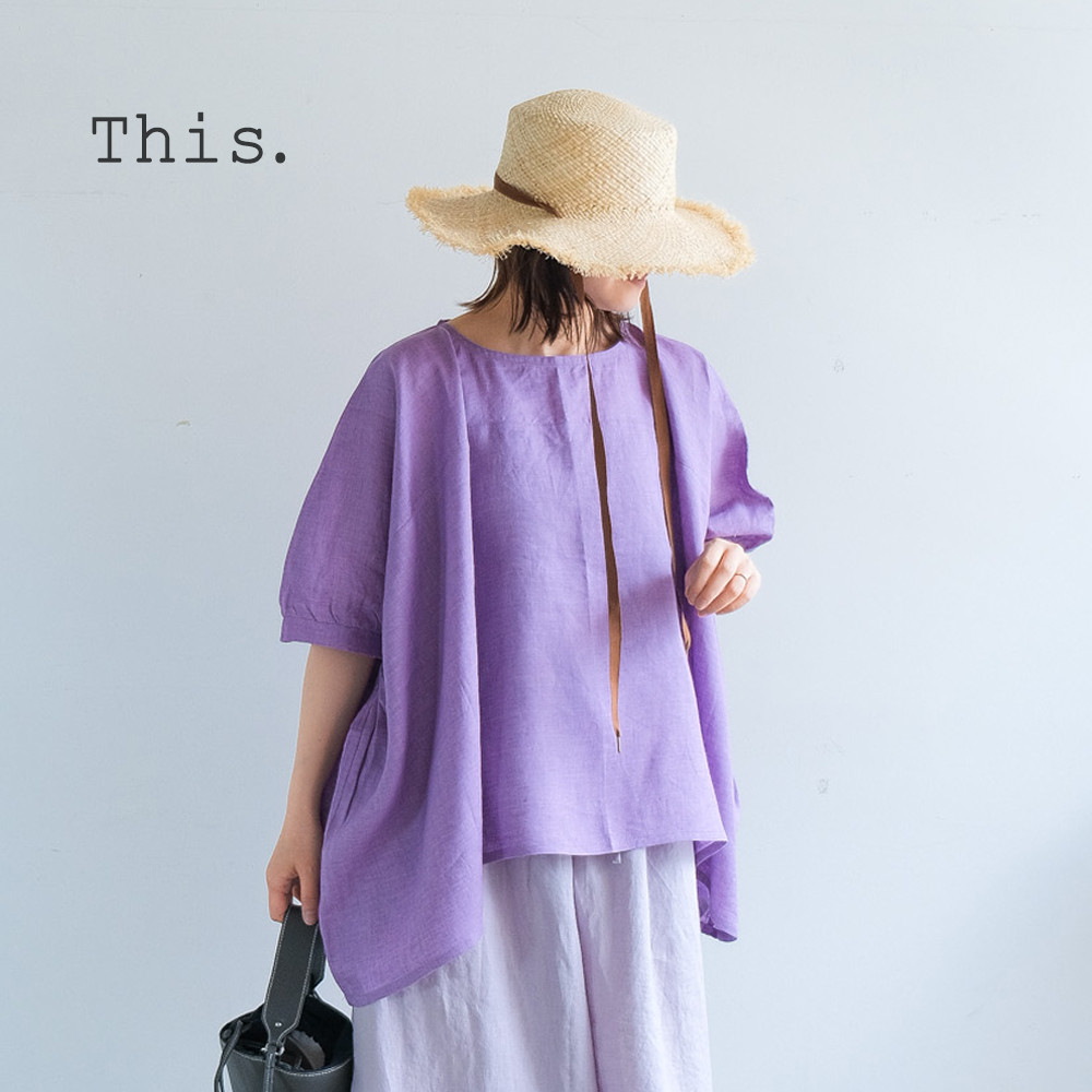 冷感｜二の腕カバー＆ゆったりシルエット｜リネン100％ブラウス｜パープル｜T0183
