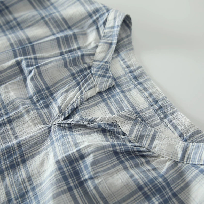 フレンチ袖 コットン100% ブラウス 夏 チェック柄 紺色/水色