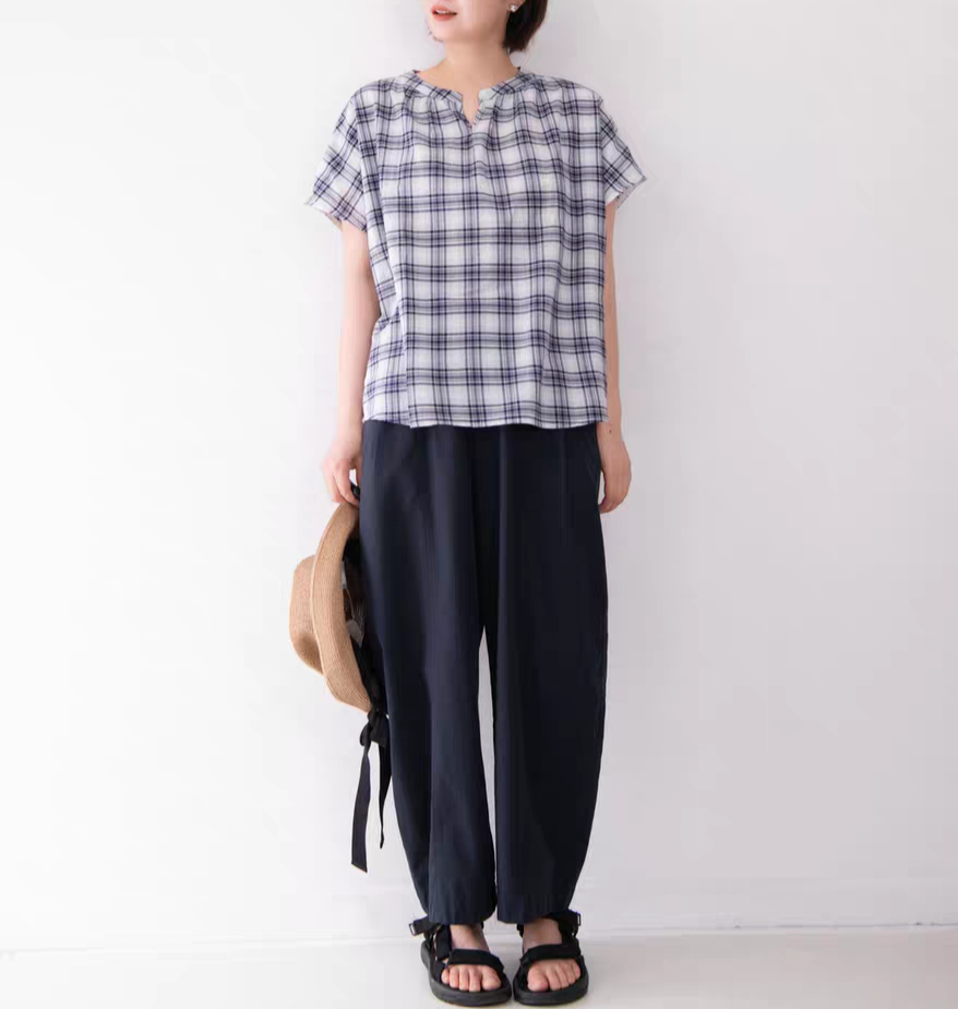 フレンチ袖 コットン100% ブラウス 夏 チェック柄 紺色/水色