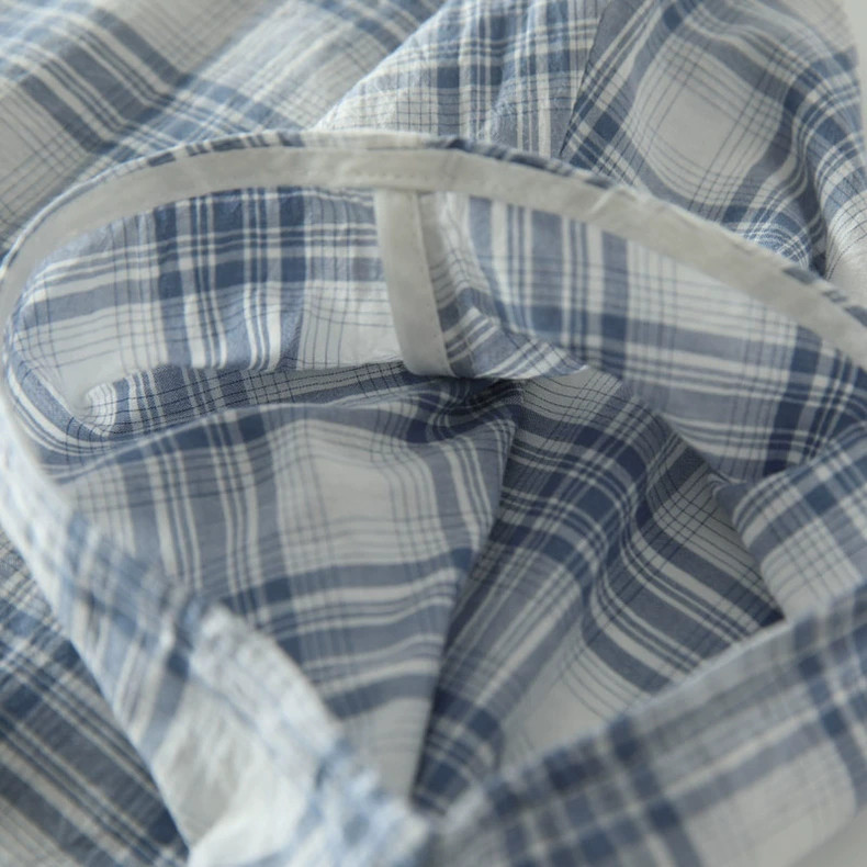 フレンチ袖 コットン100% ブラウス 夏 チェック柄 紺色/水色