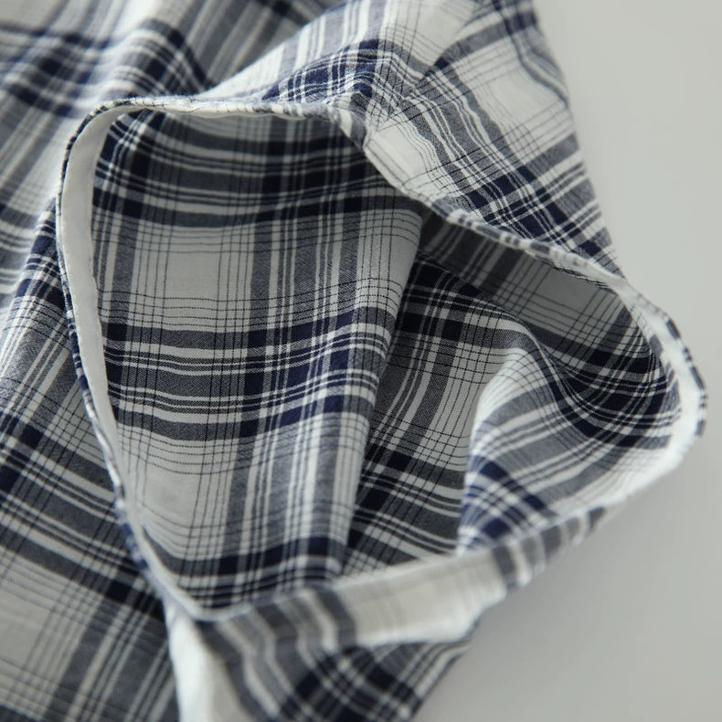 フレンチ袖 コットン100% ブラウス 夏 チェック柄 紺色/水色