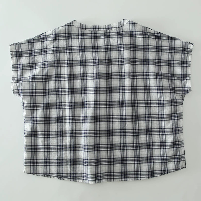 フレンチ袖 コットン100% ブラウス 夏 チェック柄 紺色/水色