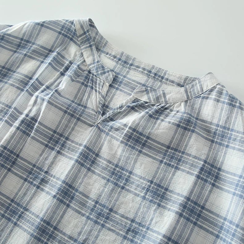 フレンチ袖 コットン100% ブラウス 夏 チェック柄 紺色/水色