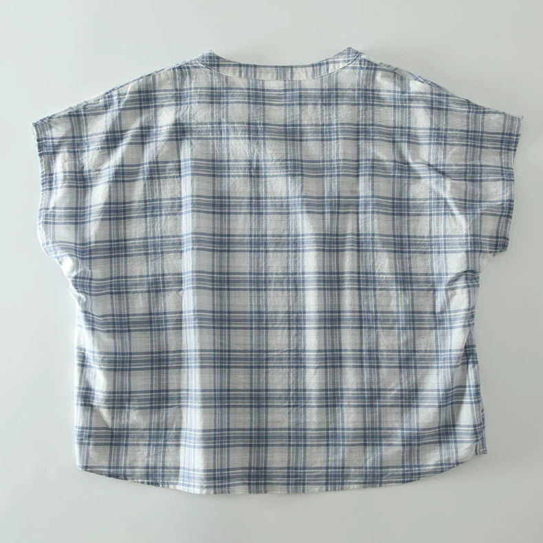 フレンチ袖 コットン100% ブラウス 夏 チェック柄 紺色/水色