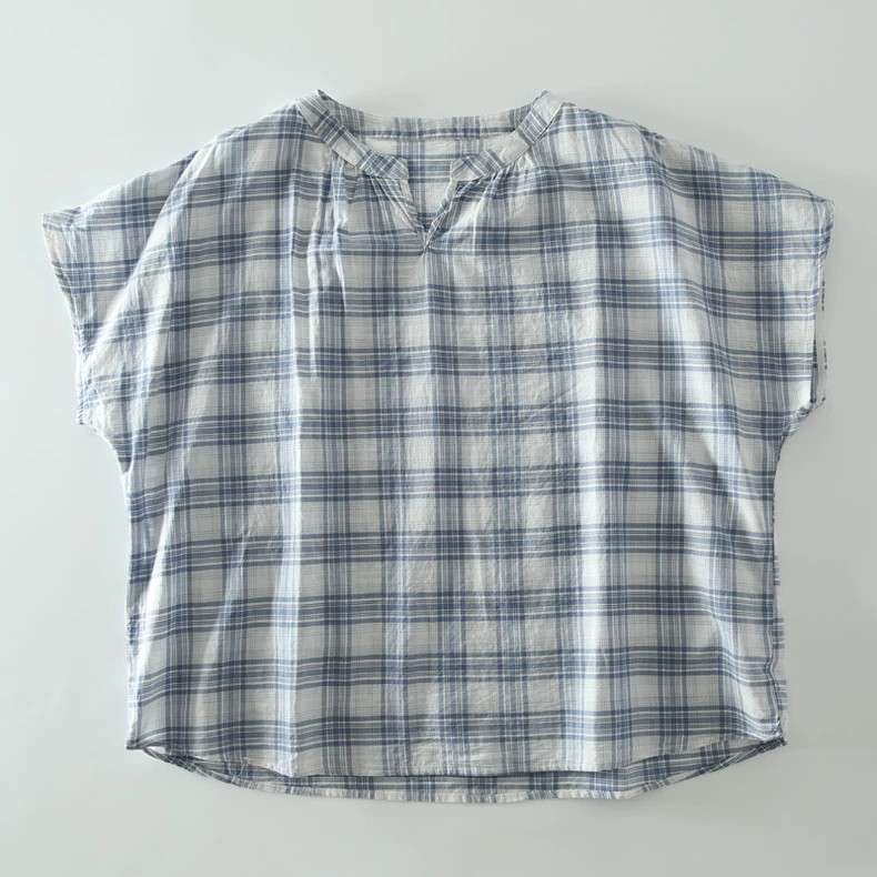 フレンチ袖 コットン100% ブラウス 夏 チェック柄 紺色/水色