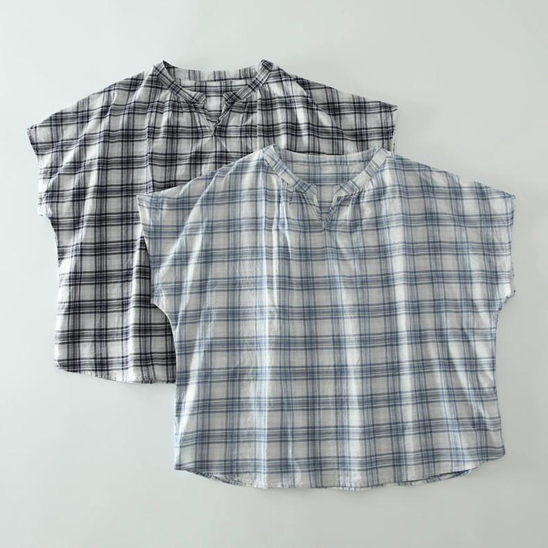 フレンチ袖 コットン100% ブラウス 夏 チェック柄 紺色/水色
