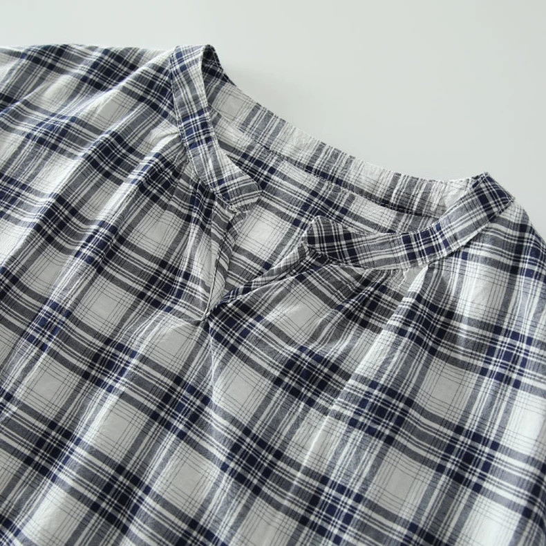 フレンチ袖 コットン100% ブラウス 夏 チェック柄 紺色/水色