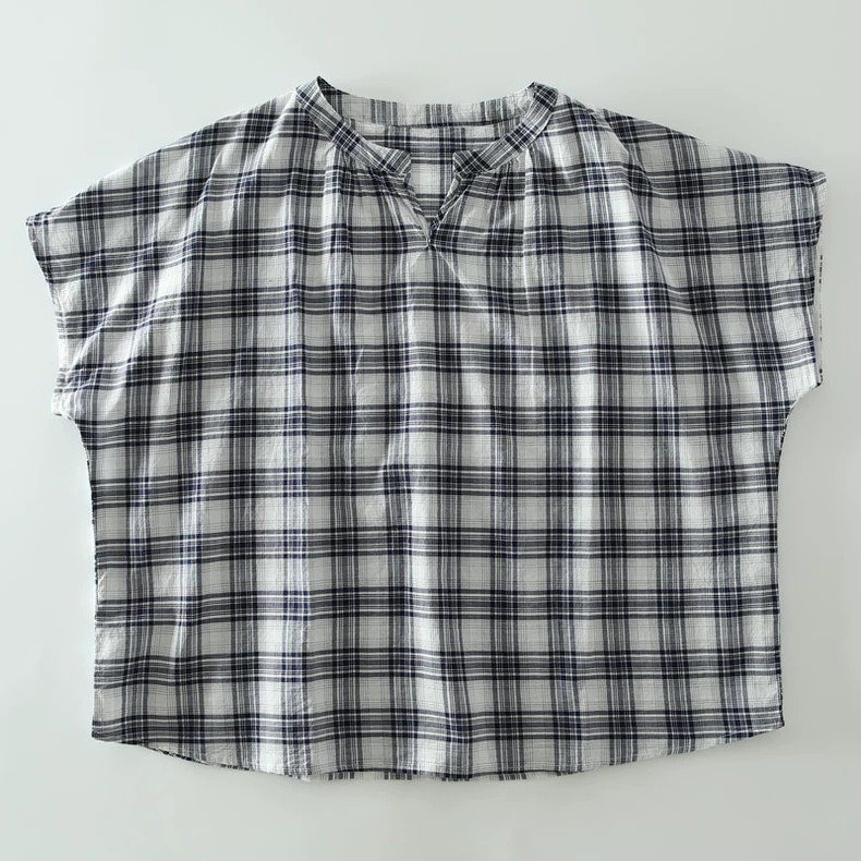 フレンチ袖 コットン100% ブラウス 夏 チェック柄 紺色/水色