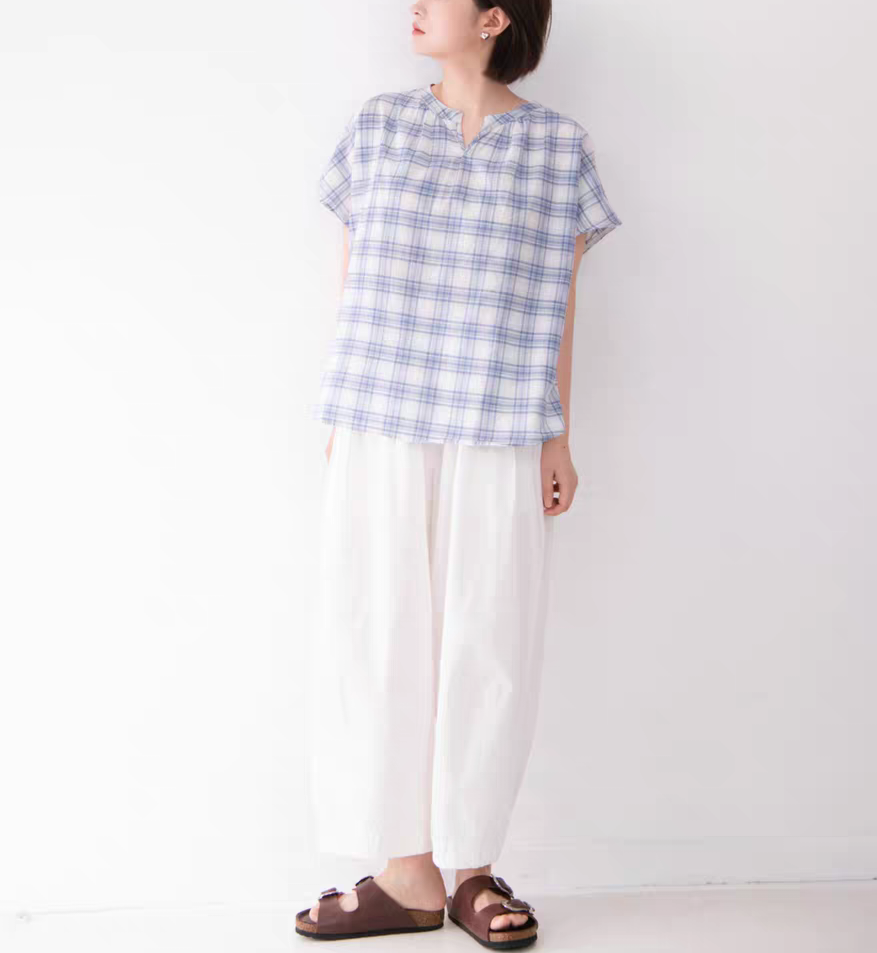 フレンチ袖 コットン100% ブラウス 夏 チェック柄 紺色/水色