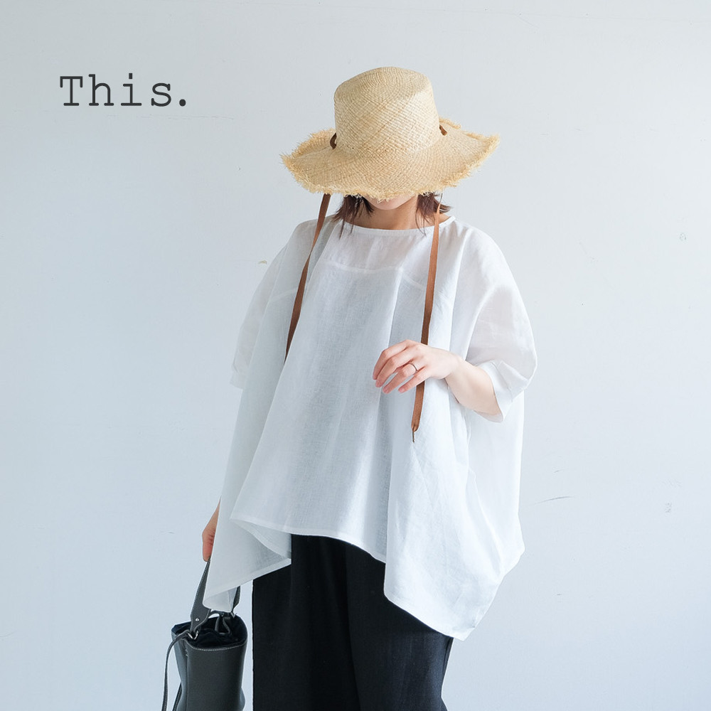 冷感｜二の腕カバー＆ゆったりシルエット｜リネン100％ブラウス｜ホワイト｜T0183