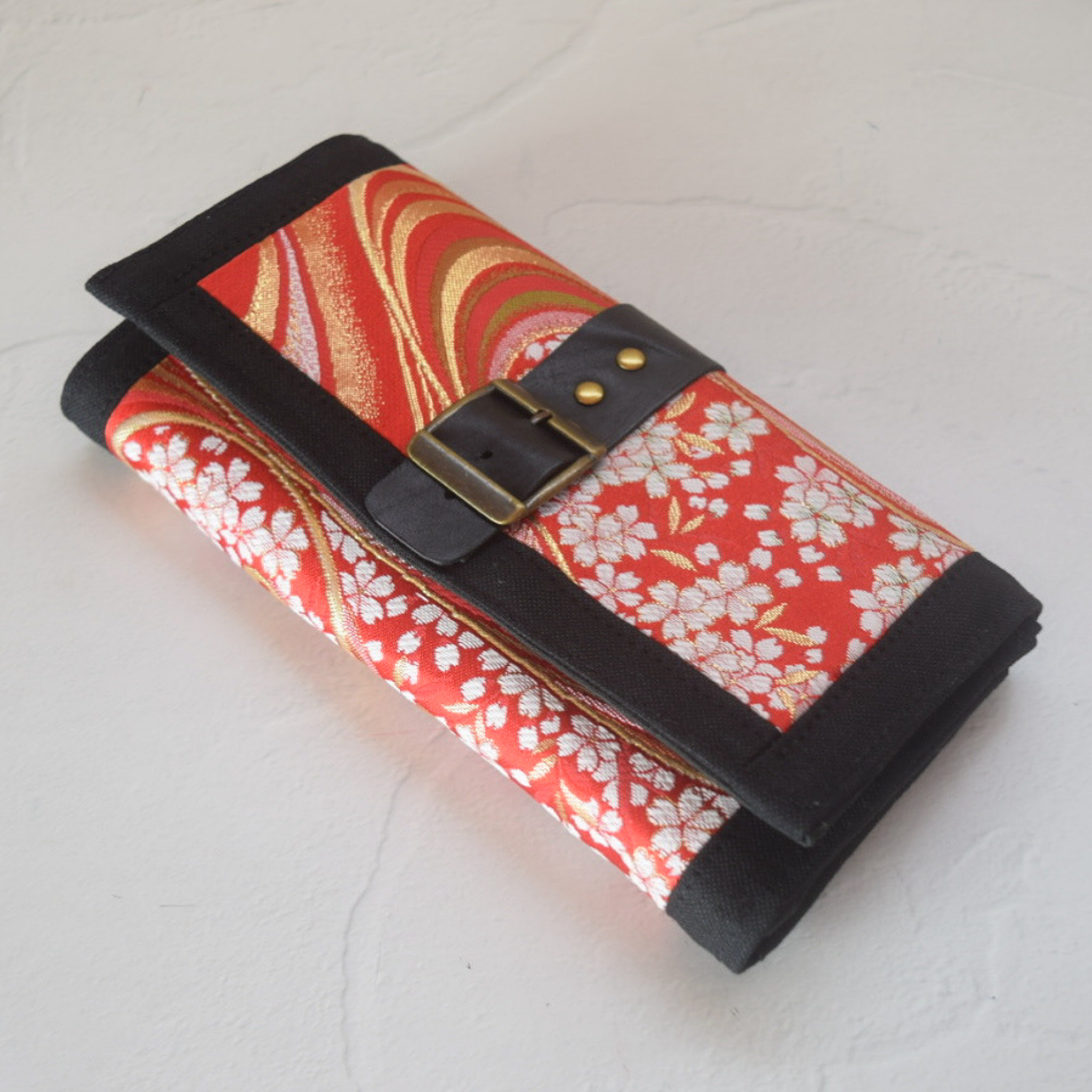 金襴×帆布＊和柄＊流水に桜＊長財布＊革ベルト