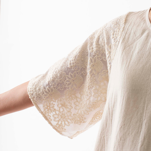 【袖の涼やかな刺繍のワンピース】コットンリネン　オフホワイト　きなり 6枚目の画像