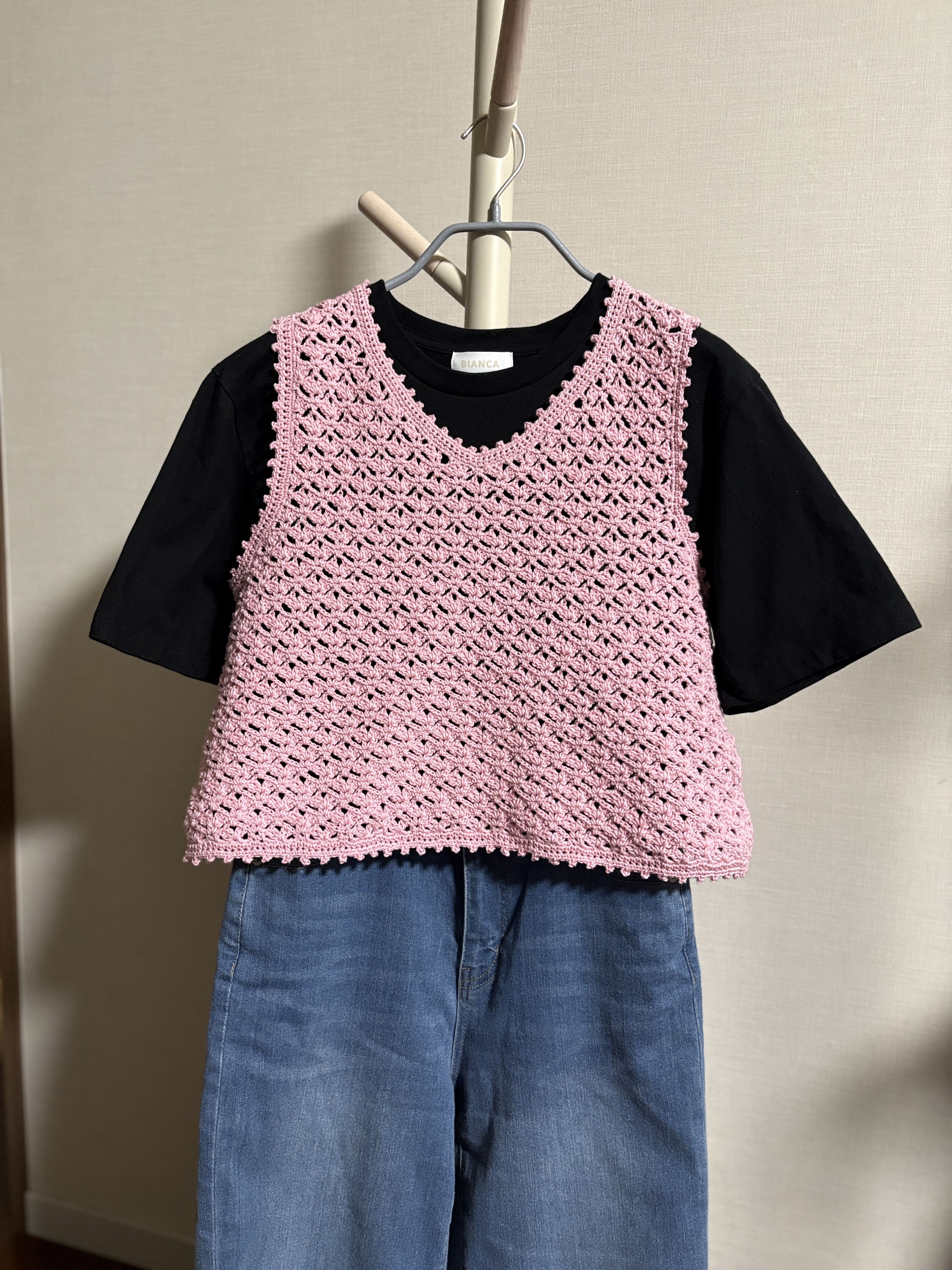 日本製 オーガニックコットン100% 手編み ニットベスト   Vネック  ピンク プルオーバー ノースリーブ Aライン