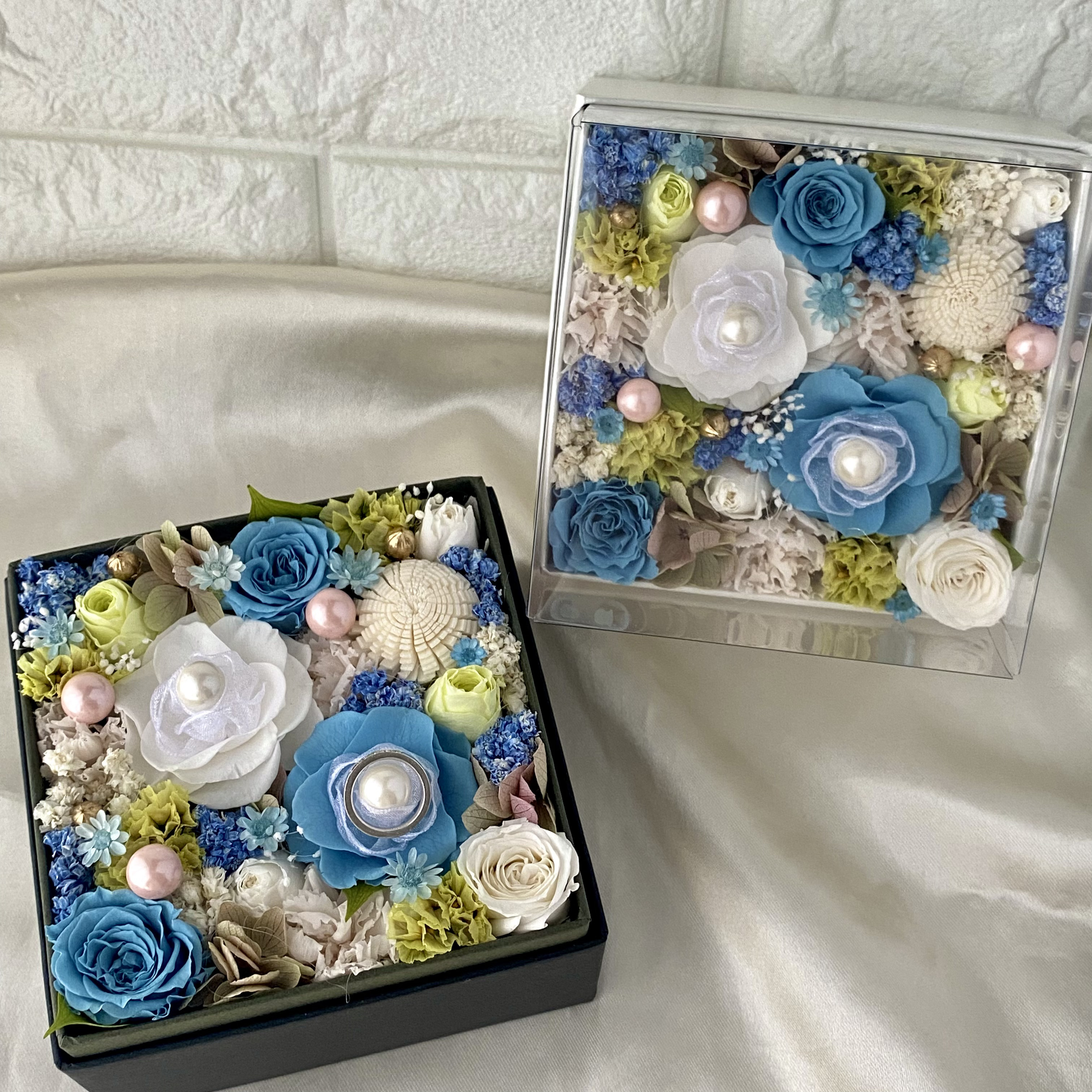 フラワーBOXのリングケース/ プリザーブドフラワー　フラワーBOX リングピロー　贈り物　記念日　結婚祝い　お祝い