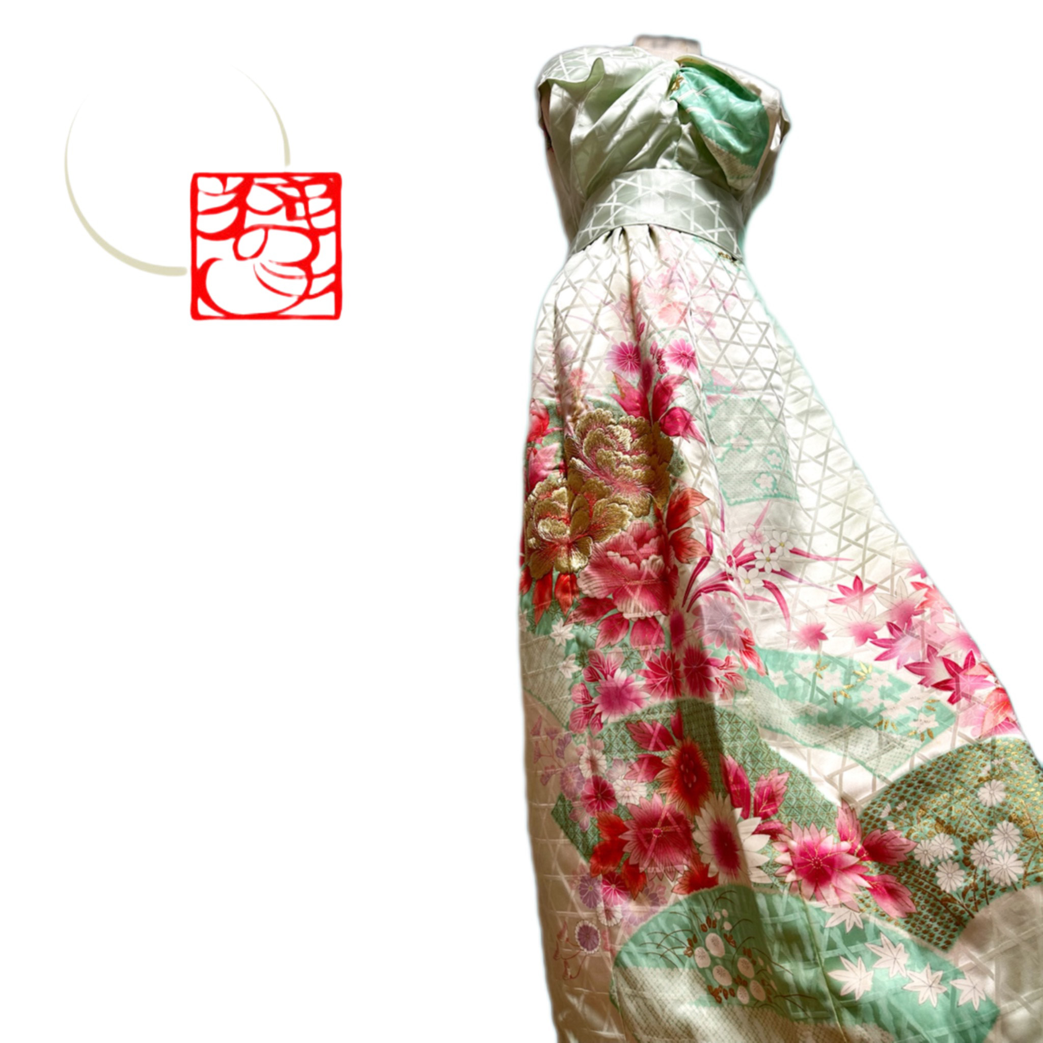 振袖　着物リメイク　ドレス　ふりふわ襟　金糸花　和柄　ハンドメイド　ワンピース 可憐！振袖 着物リメイク ドレス ふりふわ襟 スッキリシルエット