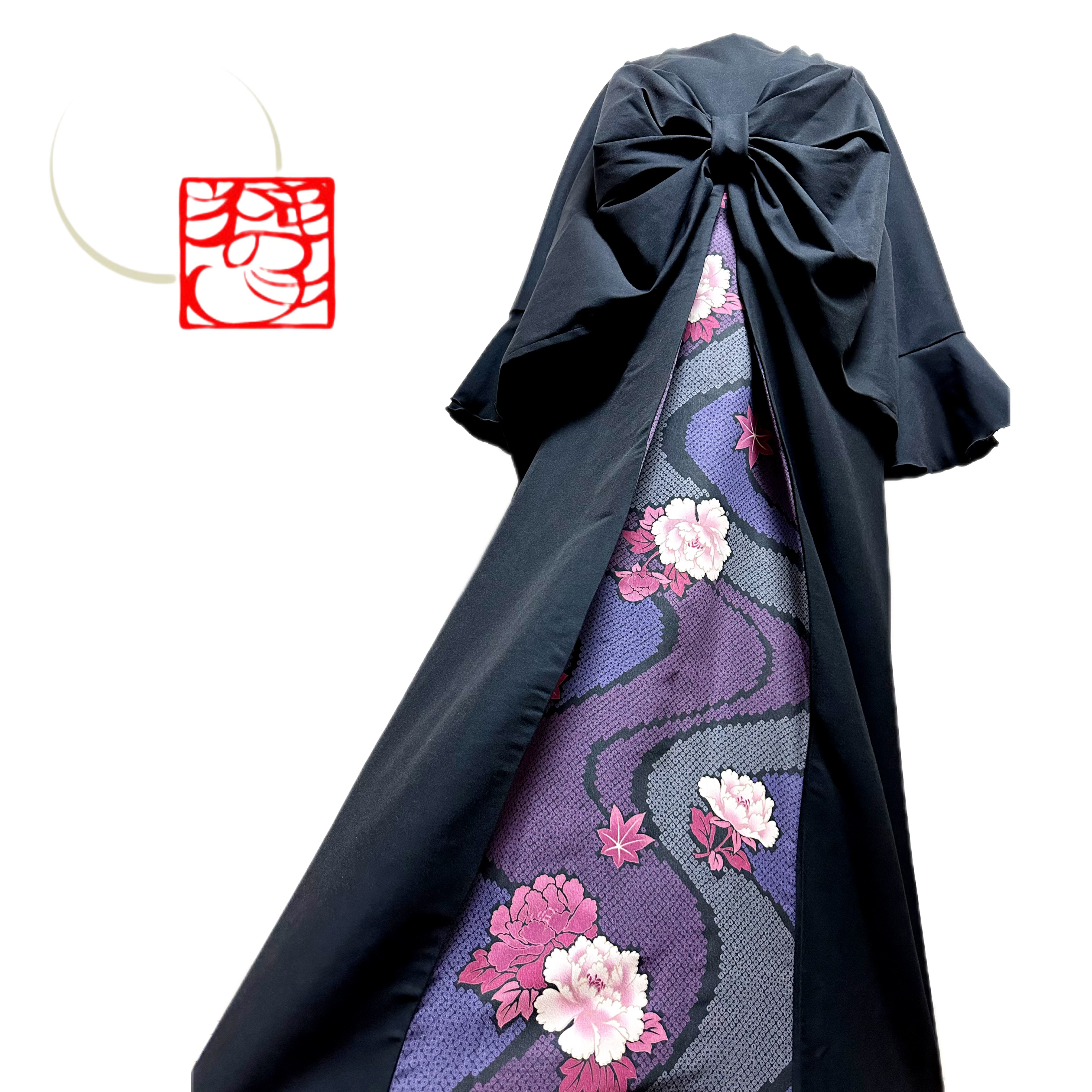 着物リメイク・振り袖ドレスワンピース・花柄・正絹大判ストール帯締めリボン付き 振袖 着物リメイク ドレス ドレープリボン 和柄 ワンピース 黒