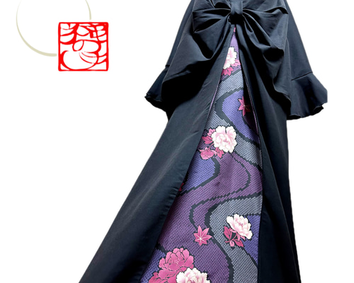 振袖リメイクワンピース 着物 花柄 紫 ピンク　絹 銀通し 刺繍 金彩 2点セット 振袖 袋帯 花柄 トールサイズ 正絹