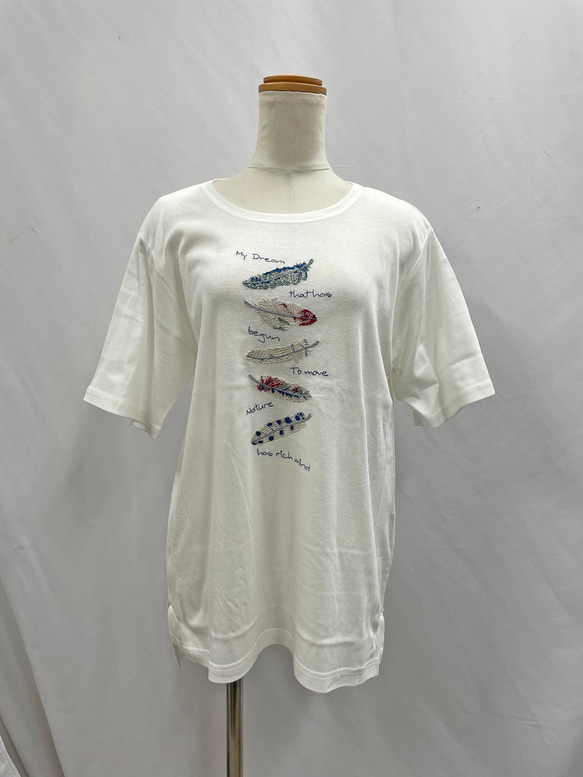 フェザー エンブロイダリー 刺繍 クルーネック Tシャツ 80/2強撚綿100% 2枚目の画像