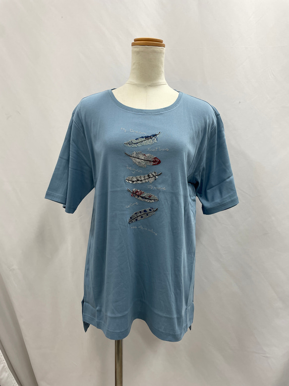 フェザー エンブロイダリー 刺繍 クルーネック Tシャツ 80/2強撚綿100% 3枚目の画像
