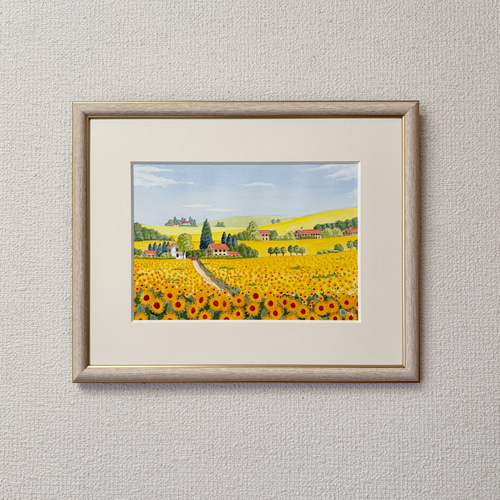 ひまわりの丘10」アクリル画 原画 風景画 額縁付 SMサイズ 絵画 Oni