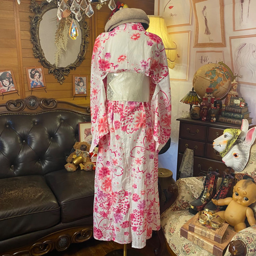 浴衣リメイク ロング ワンピース ドレス 名古屋帯ベルト付 和洋折衷 桜