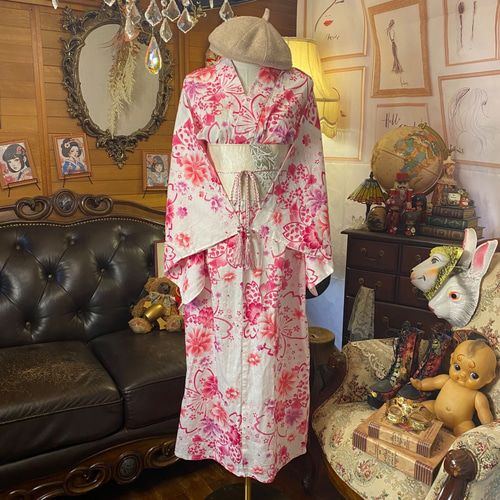 浴衣リメイク ロング ワンピース ドレス 名古屋帯ベルト付 和洋折衷 桜