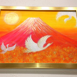 完売　風水開運絵画紅白梅と富士〜夫婦鶴〜 日の出　純金箔　プラチナ　日本の春 風水吉祥絵画 日本画 紅白梅と富士山〜夫婦鶴〜 油彩 風水画