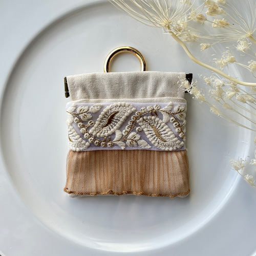 インド刺繍リボンのバネ口ポーチ（カラビナ付） ポーチ