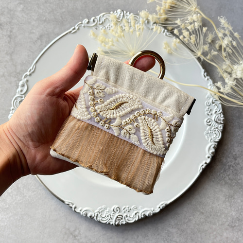 インド刺繍リボンのバネ口ポーチ（カラビナ付） ポーチ