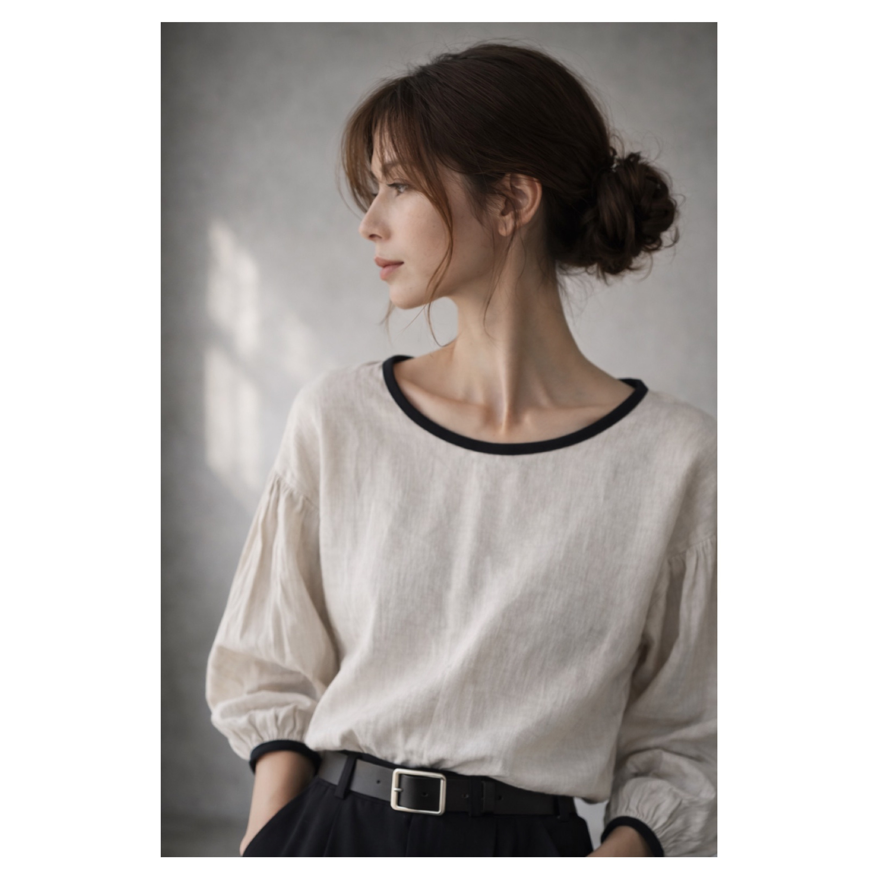 バイカラーボリューム袖リネンブラウス／後ろリボン／パイピングブラック／バルーン袖／生成り×ブラック 9,984円