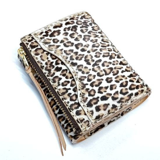 本革 ヘアカーフ ミニ財布 コンパクト財布 サドルレザー 3つ折り財布 豹柄×ヌメ/ナチュラル