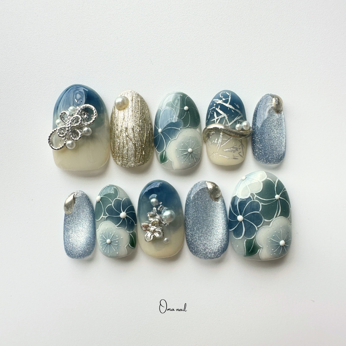 no19 くすむブルー水引　和ネイル